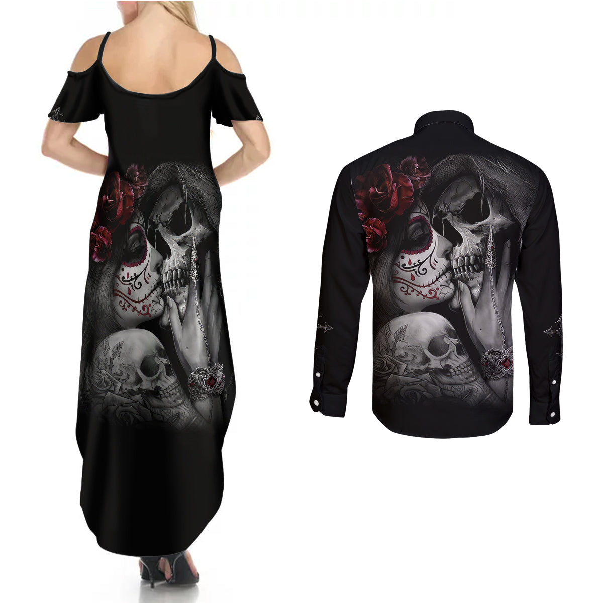skull-couples-matching-summer-maxi-dress-and-long-sleeve-button-shirts-death-angel-and-da-de-muertos-girl