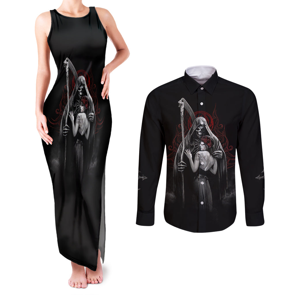 skull-couples-matching-tank-maxi-dress-and-long-sleeve-button-shirts-death-angel-and-da-de-muertos-girl