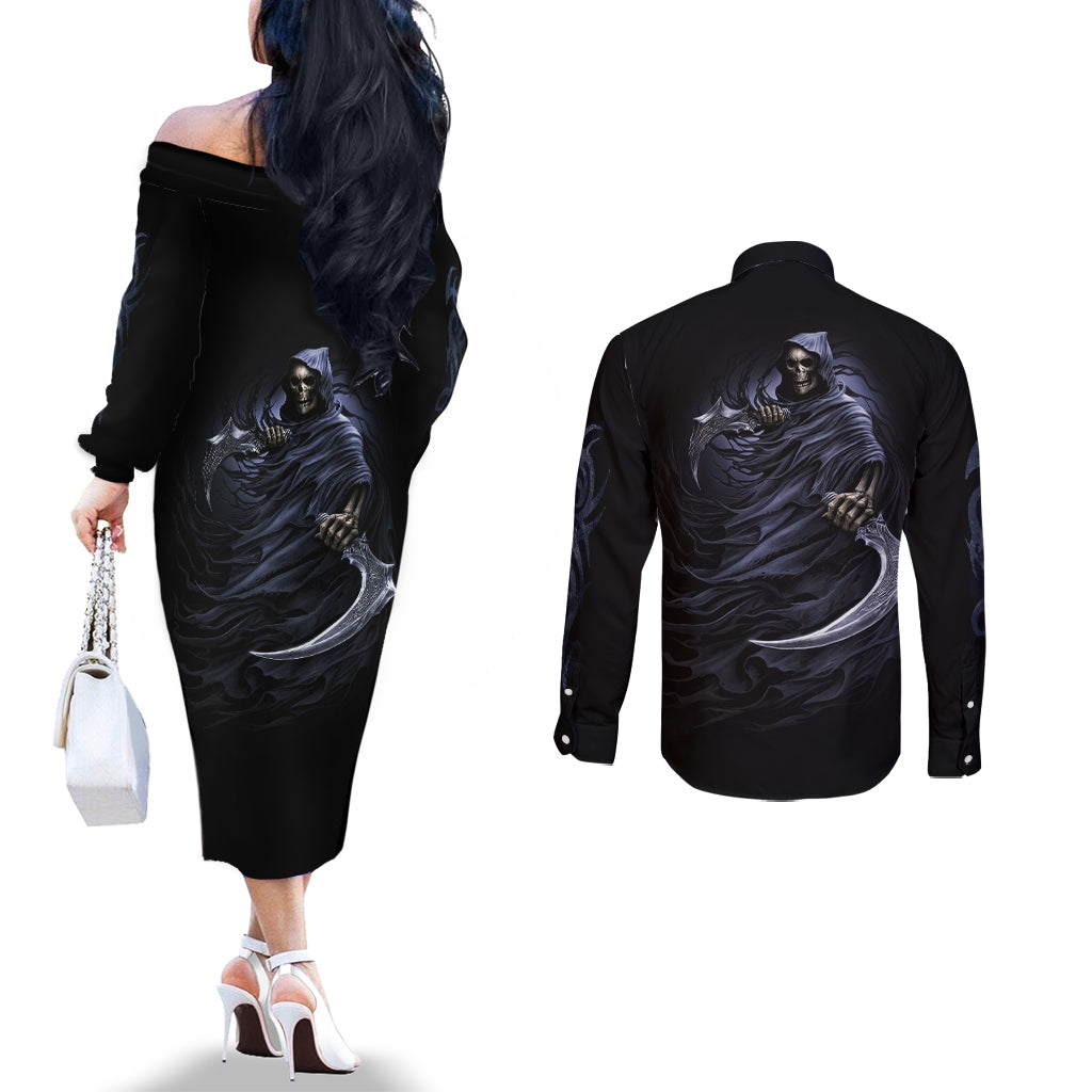 skull-couples-matching-off-the-shoulder-long-sleeve-dress-and-long-sleeve-button-shirts-purple-death-reaper