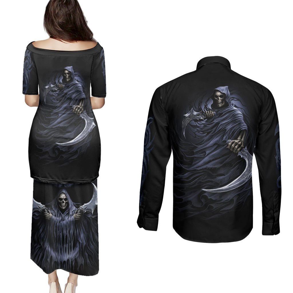 skull-couples-matching-puletasi-dress-and-long-sleeve-button-shirts-purple-death-reaper