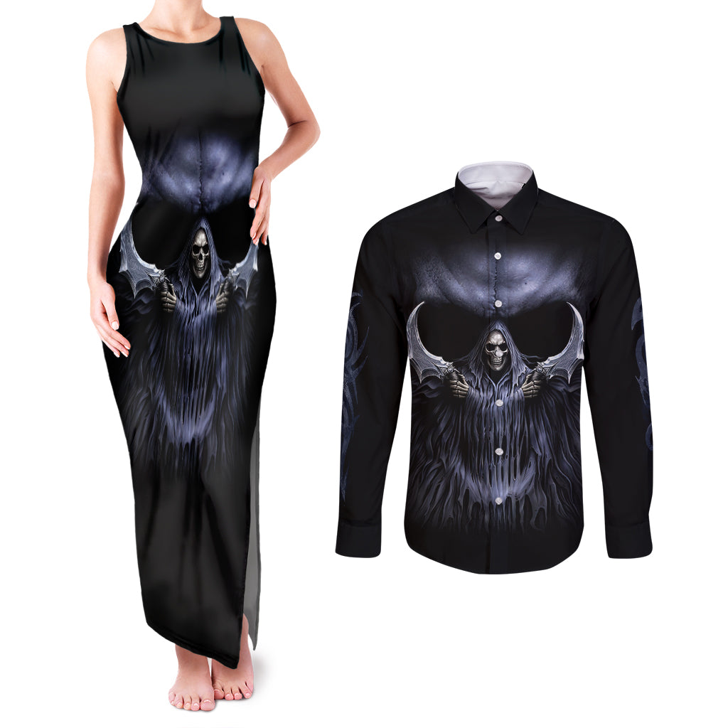 skull-couples-matching-tank-maxi-dress-and-long-sleeve-button-shirts-purple-death-reaper