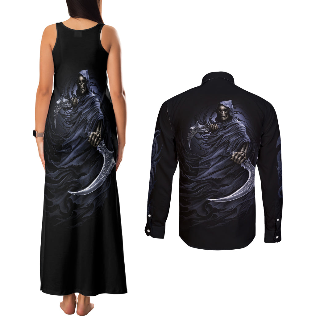 skull-couples-matching-tank-maxi-dress-and-long-sleeve-button-shirts-purple-death-reaper