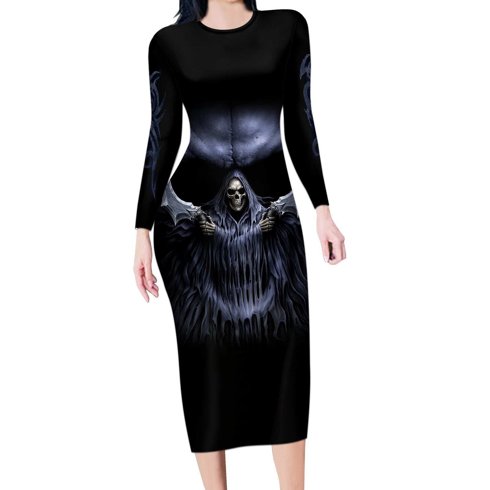skull-long-sleeve-bodycon-dress-purple-death-reaper