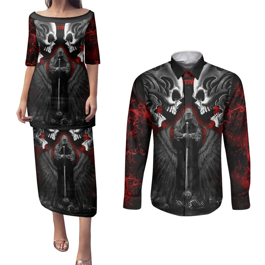 skull-couples-matching-puletasi-dress-and-long-sleeve-button-shirts-double-skull-and-death-angel