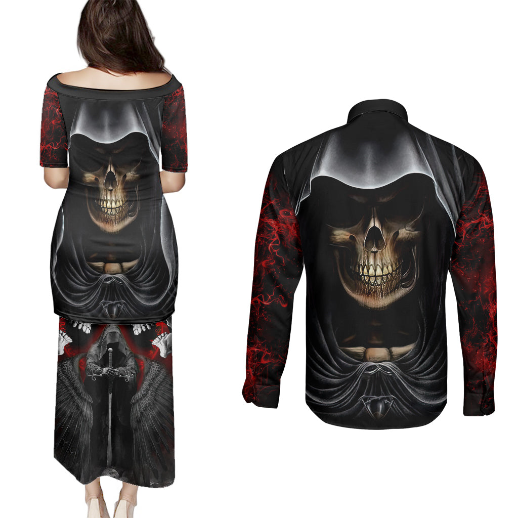 skull-couples-matching-puletasi-dress-and-long-sleeve-button-shirts-double-skull-and-death-angel