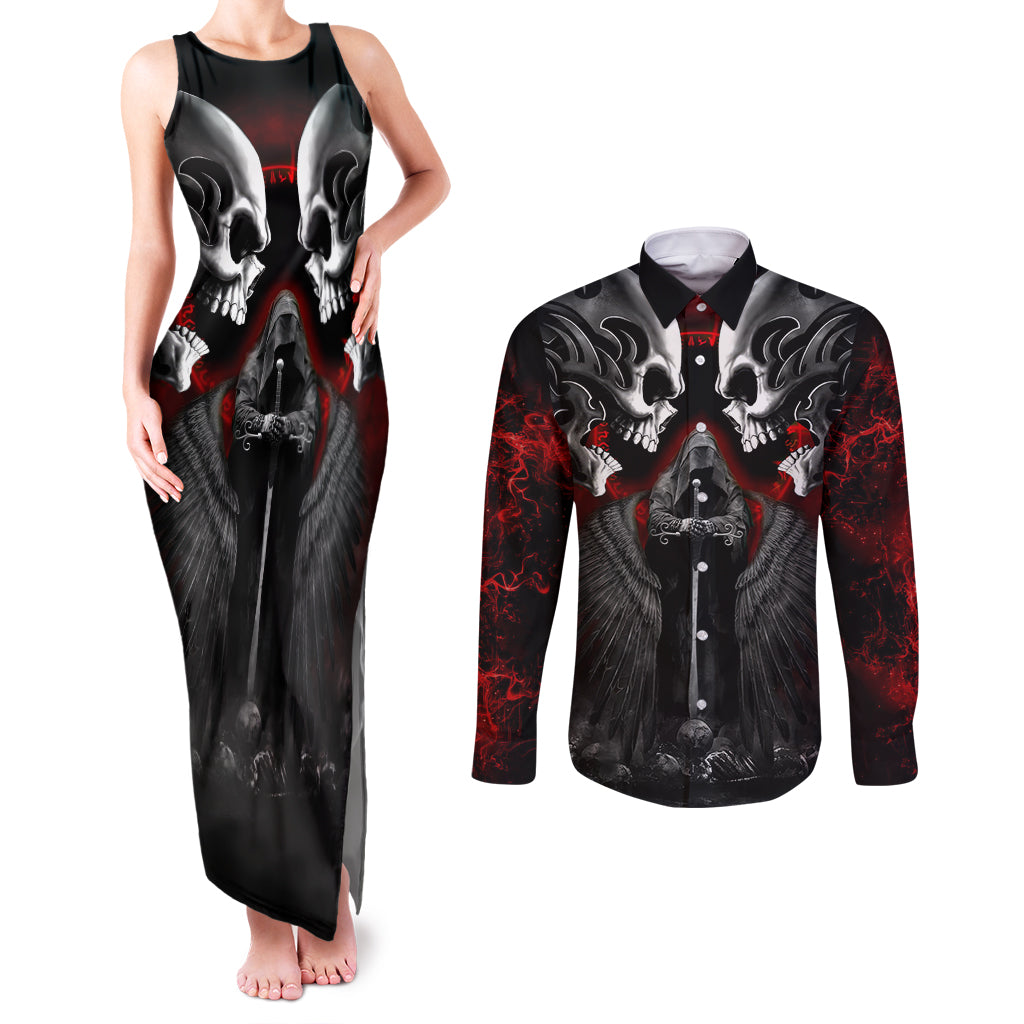 skull-couples-matching-tank-maxi-dress-and-long-sleeve-button-shirts-double-skull-and-death-angel