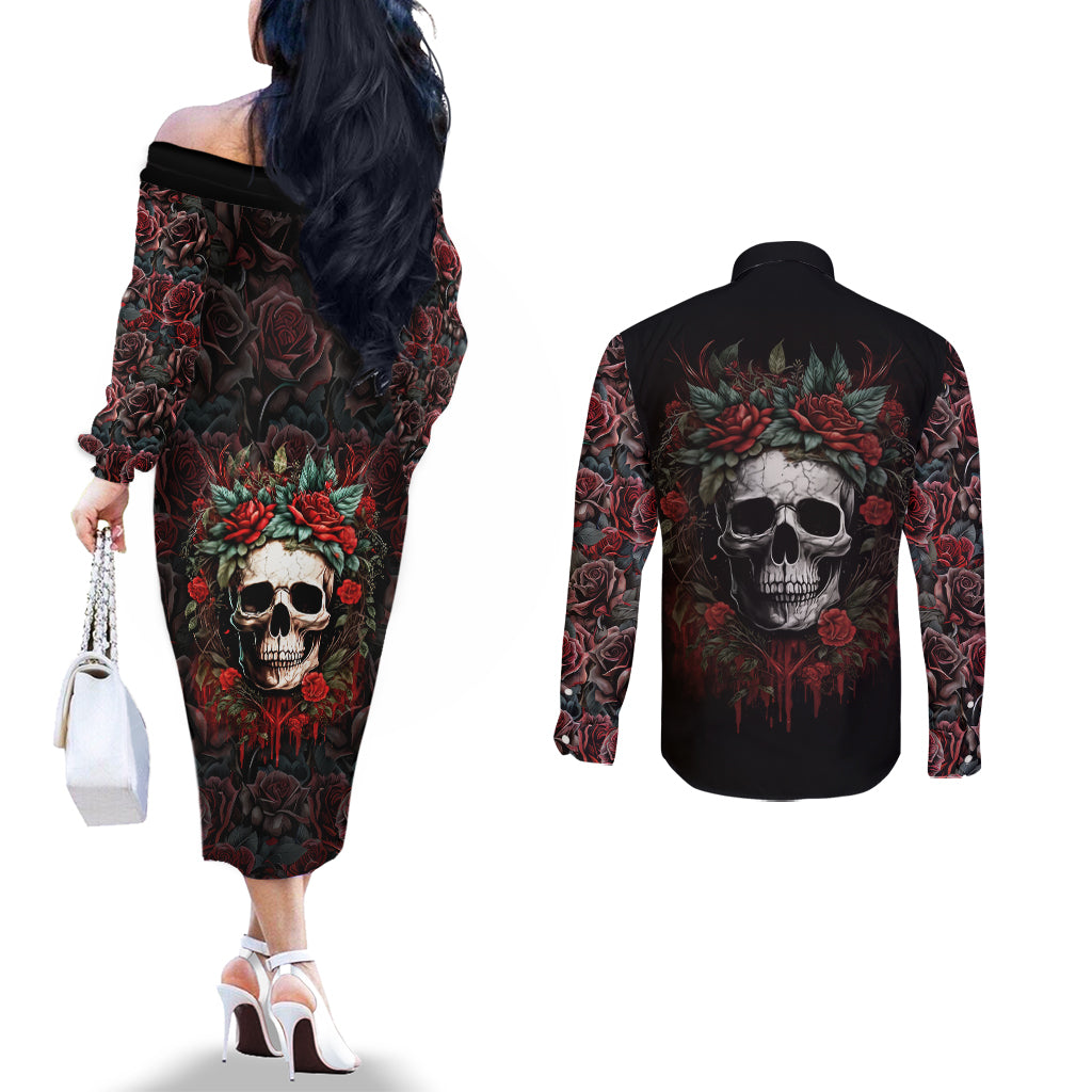 skull-couples-matching-off-the-shoulder-long-sleeve-dress-and-long-sleeve-button-shirts-red-rose