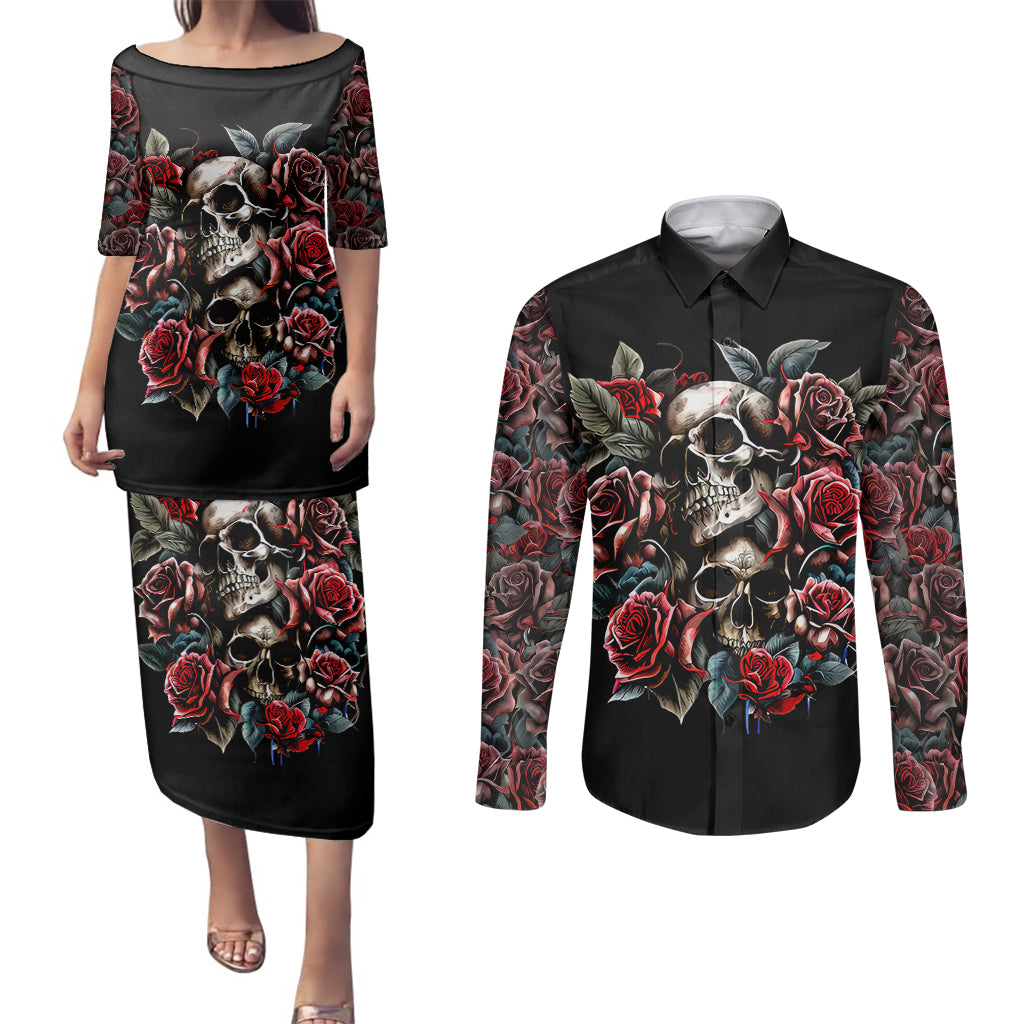 skull-couples-matching-puletasi-dress-and-long-sleeve-button-shirts-red-rose