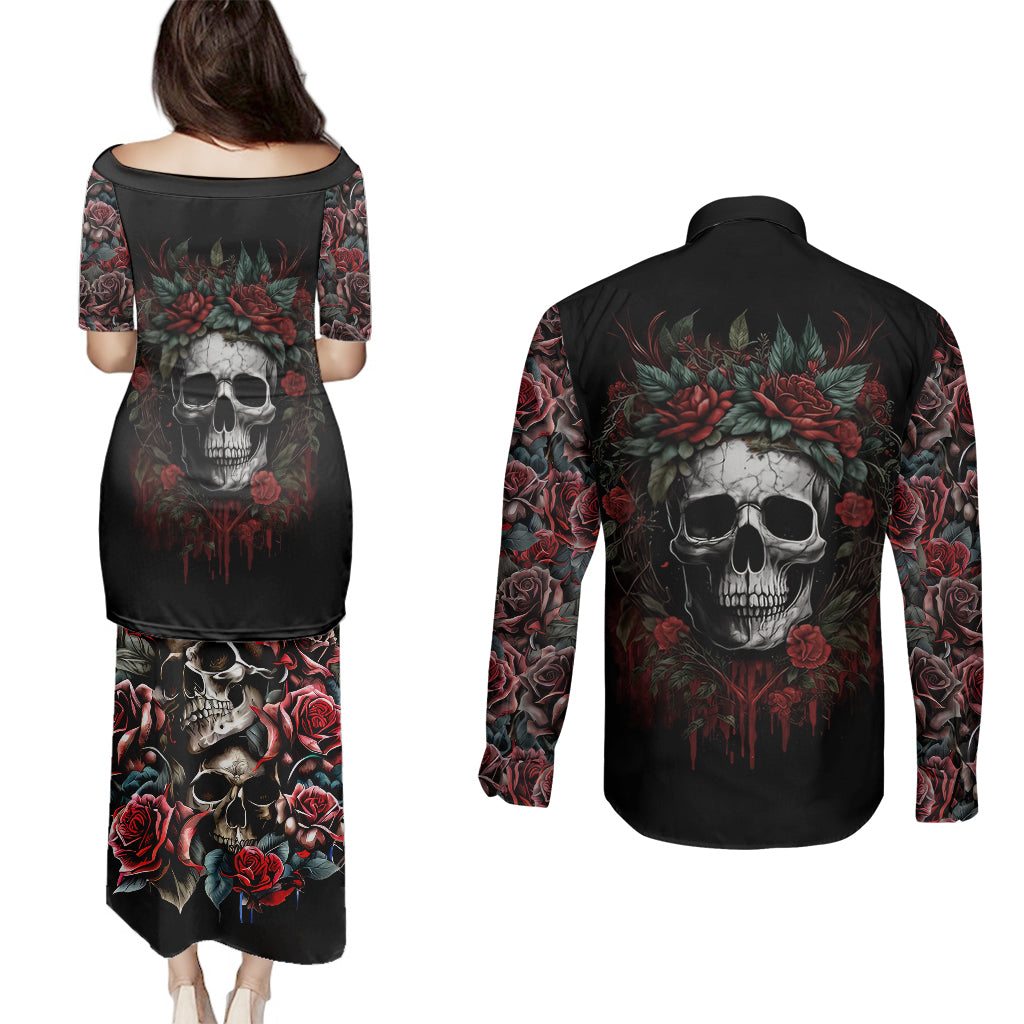 skull-couples-matching-puletasi-dress-and-long-sleeve-button-shirts-red-rose