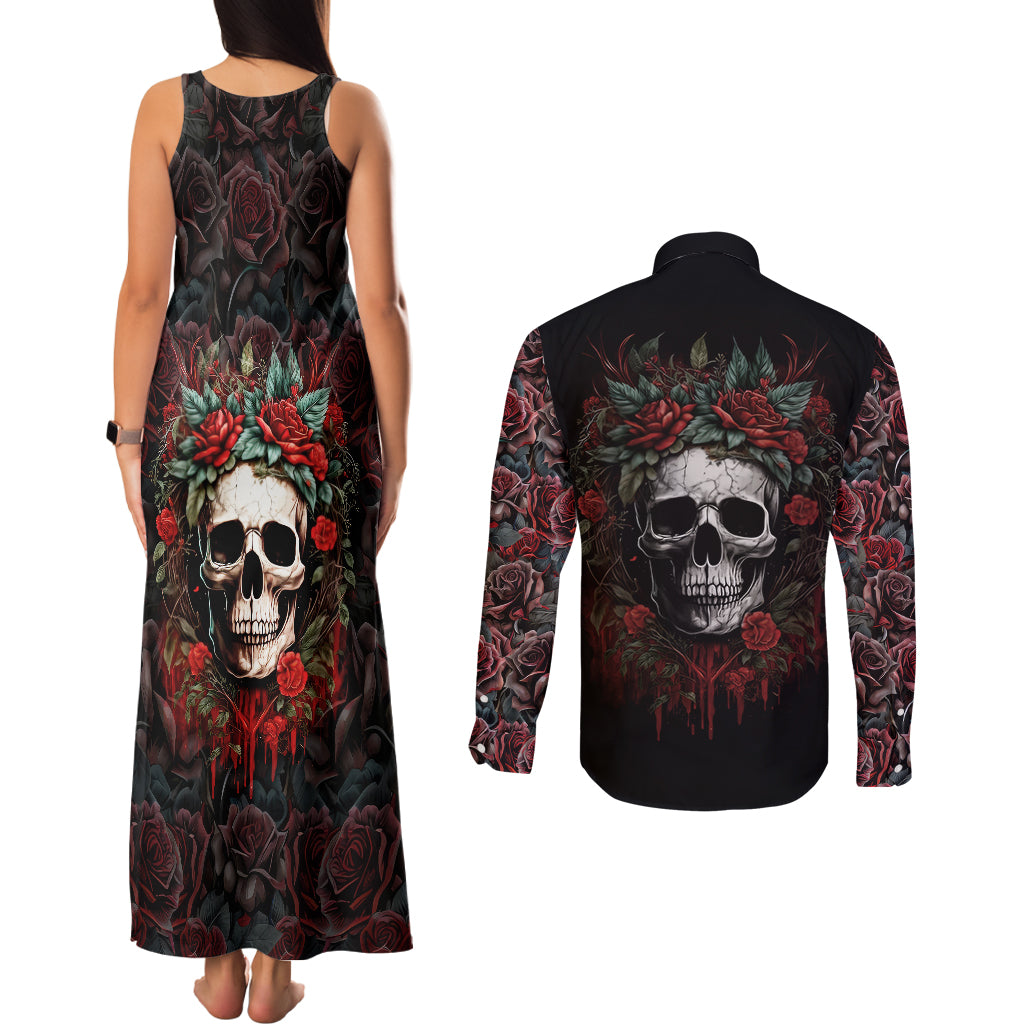 skull-couples-matching-tank-maxi-dress-and-long-sleeve-button-shirts-red-rose
