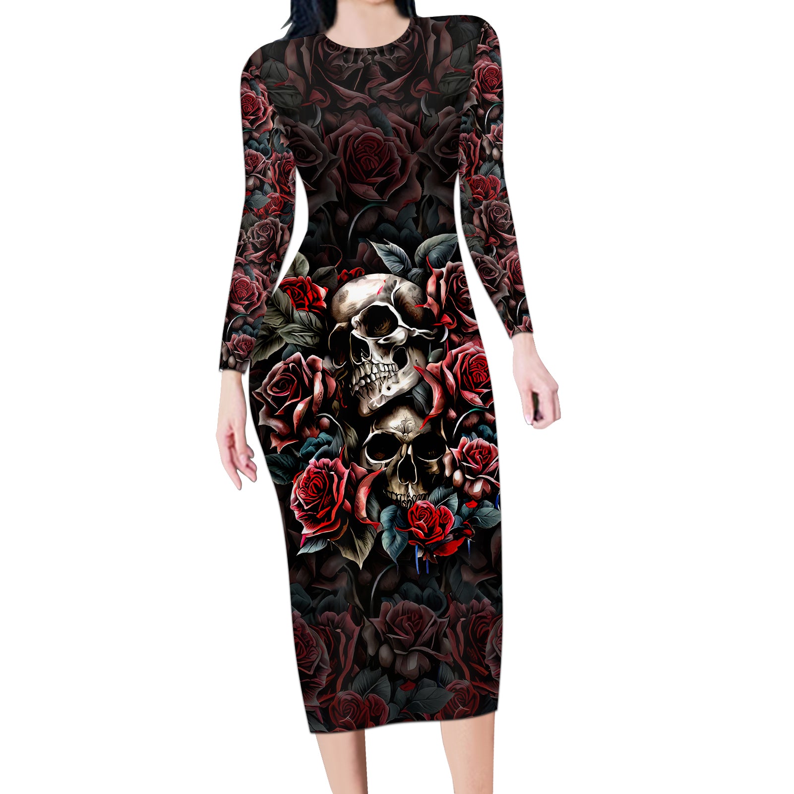 skull-long-sleeve-bodycon-dress-red-rose
