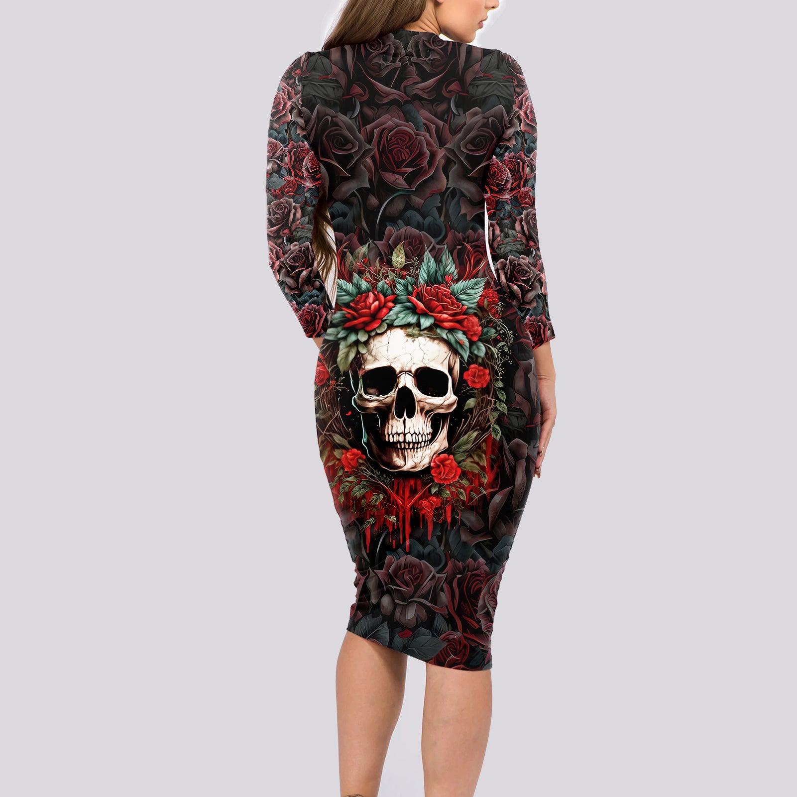 skull-long-sleeve-bodycon-dress-red-rose