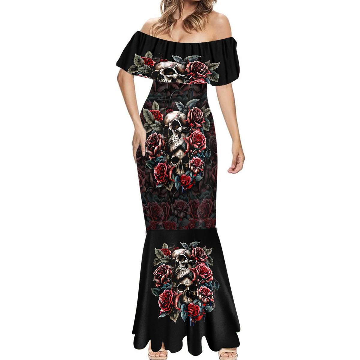 skull-mermaid-dress-red-rose