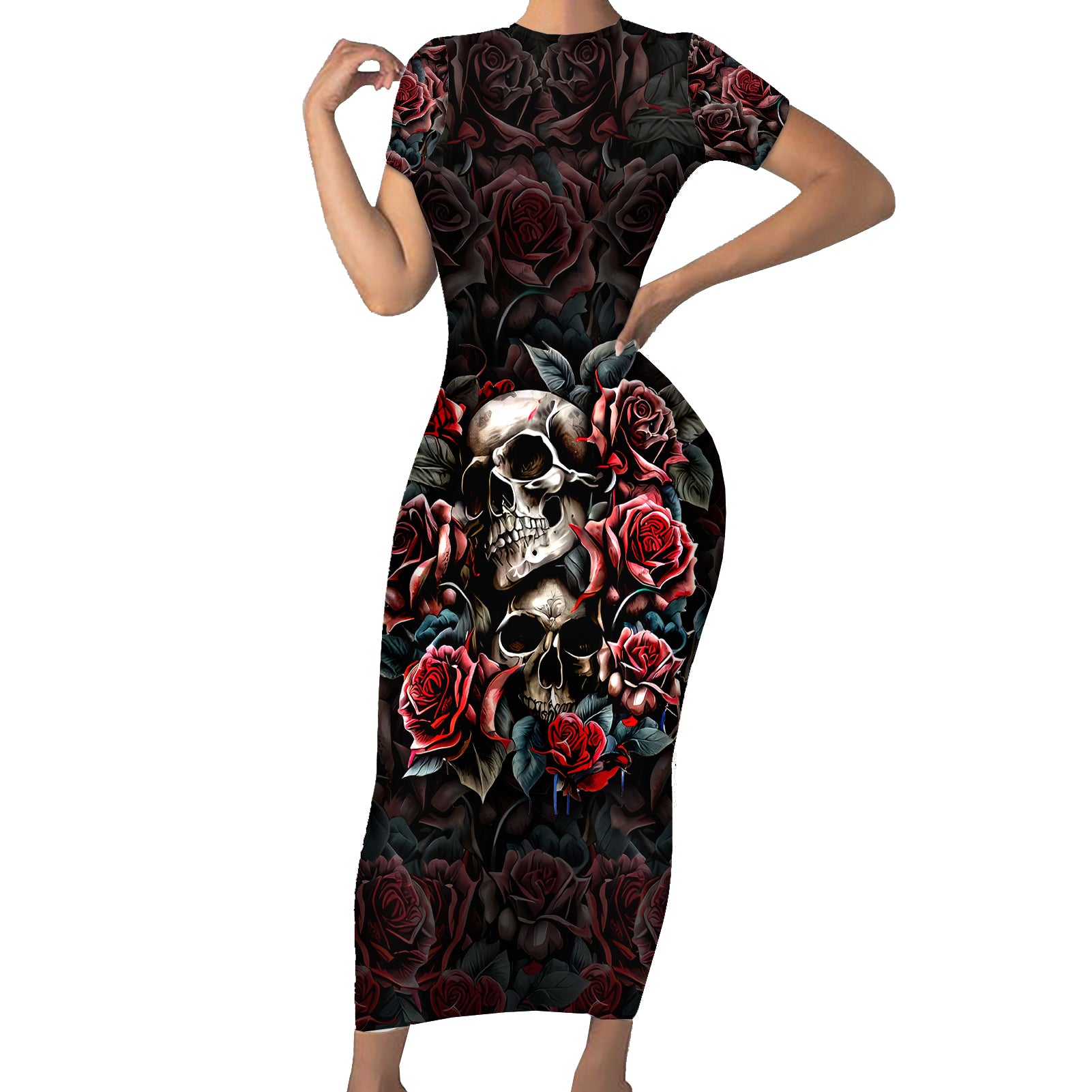 skull-short-sleeve-bodycon-dress-red-rose