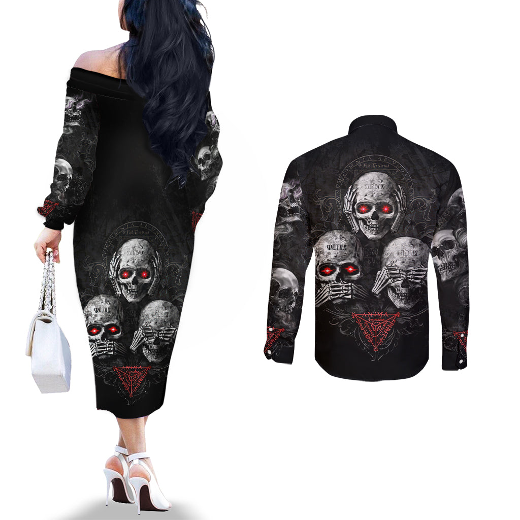 skull-couples-matching-off-the-shoulder-long-sleeve-dress-and-long-sleeve-button-shirts-no-see-no-hear-no-speak-evil