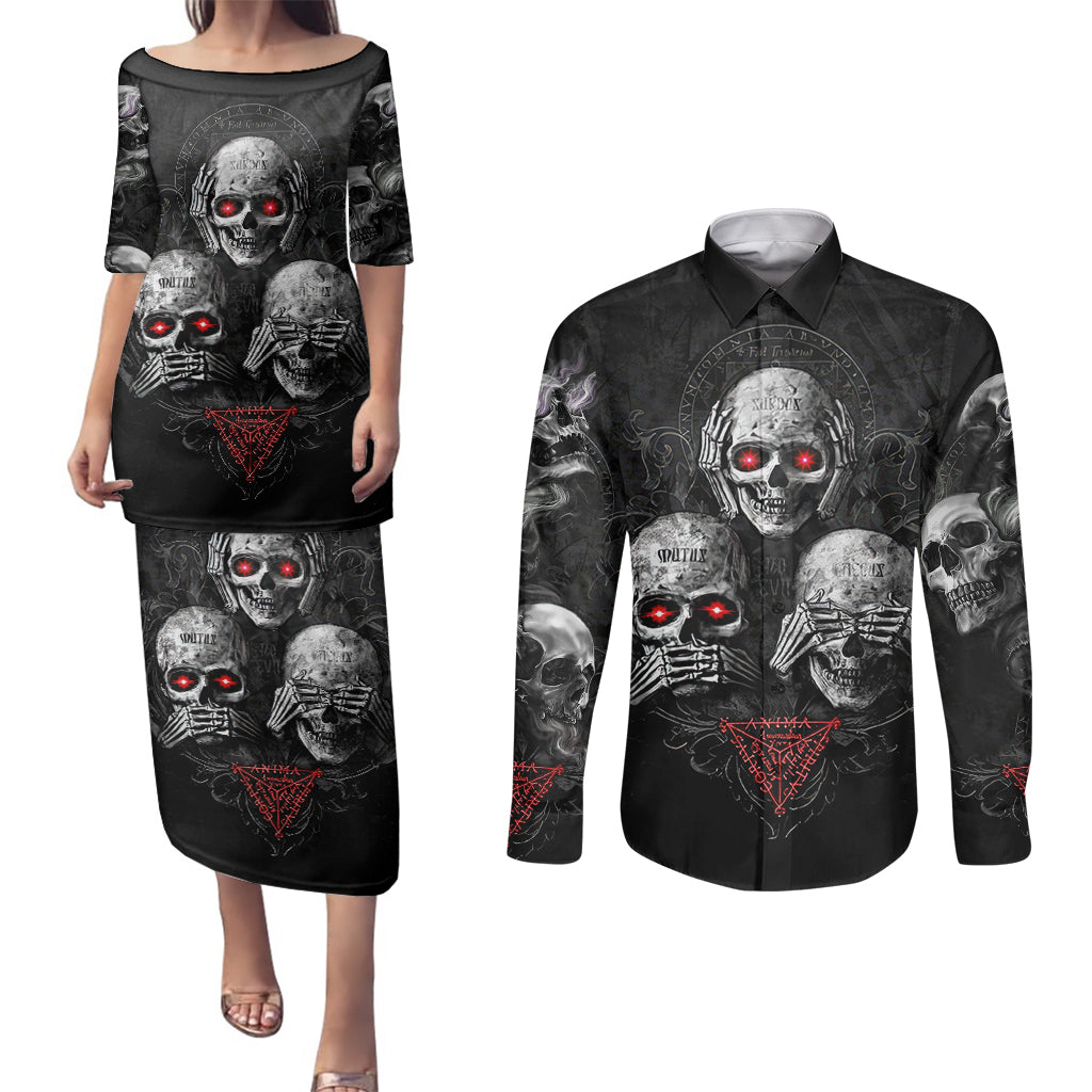skull-couples-matching-puletasi-dress-and-long-sleeve-button-shirts-no-see-no-hear-no-speak-evil