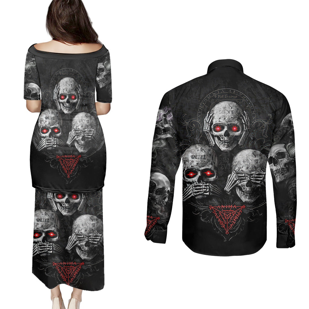 skull-couples-matching-puletasi-dress-and-long-sleeve-button-shirts-no-see-no-hear-no-speak-evil