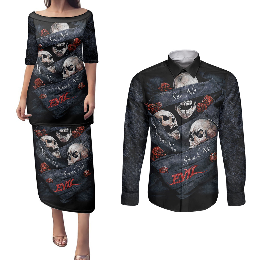 skull-couples-matching-puletasi-dress-and-long-sleeve-button-shirts-no-see-evil-red-rose-jean
