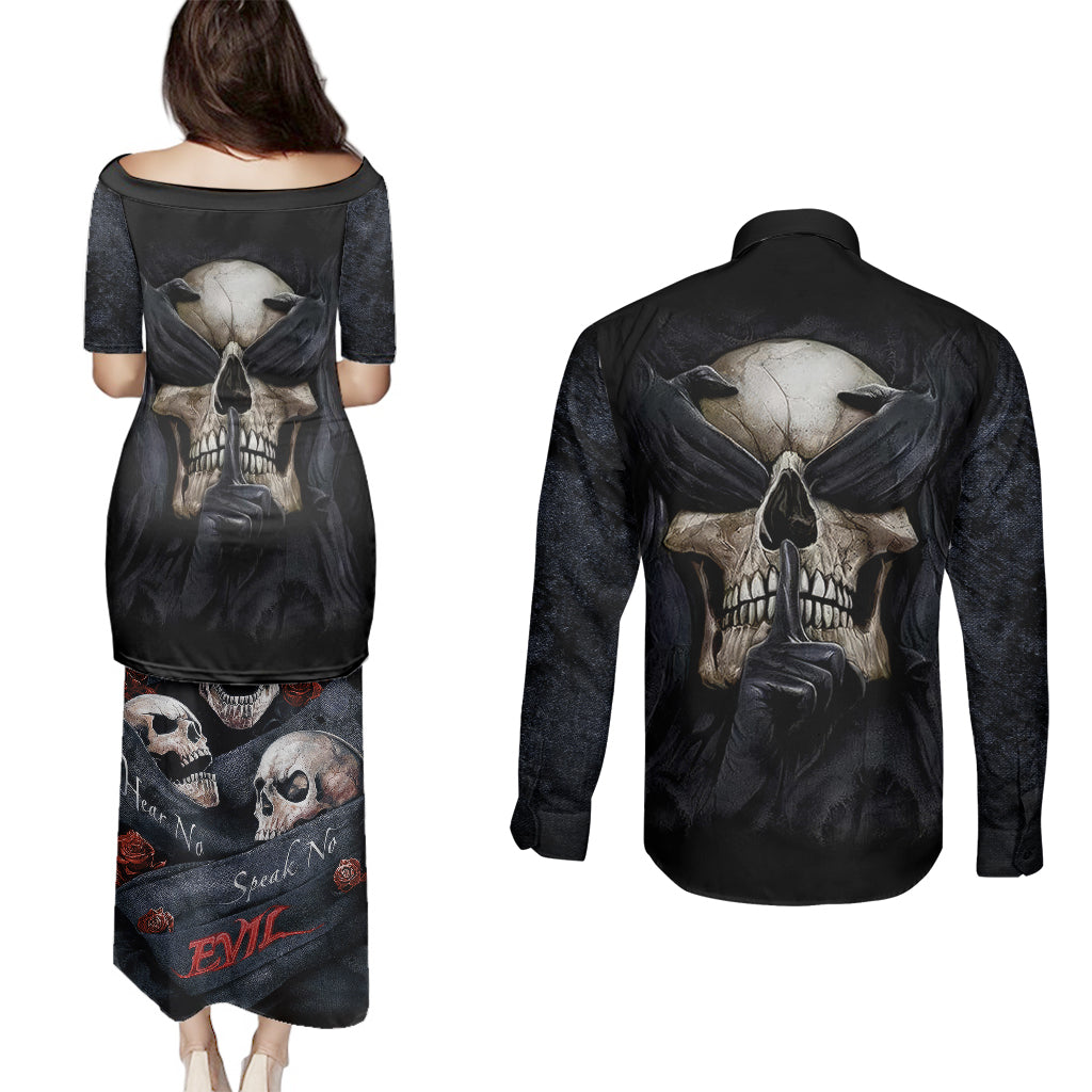skull-couples-matching-puletasi-dress-and-long-sleeve-button-shirts-no-see-evil-red-rose-jean