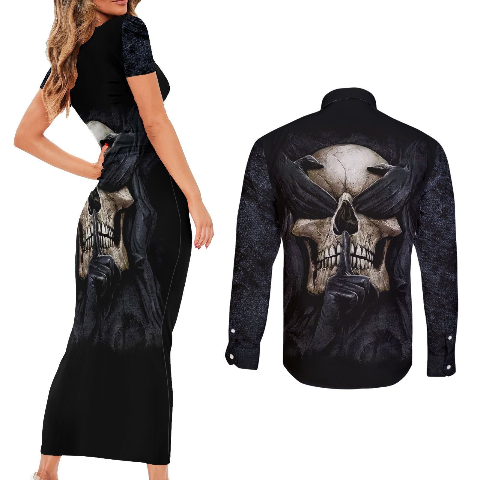 skull-couples-matching-short-sleeve-bodycon-dress-and-long-sleeve-button-shirts-no-see-evil-red-rose-jean