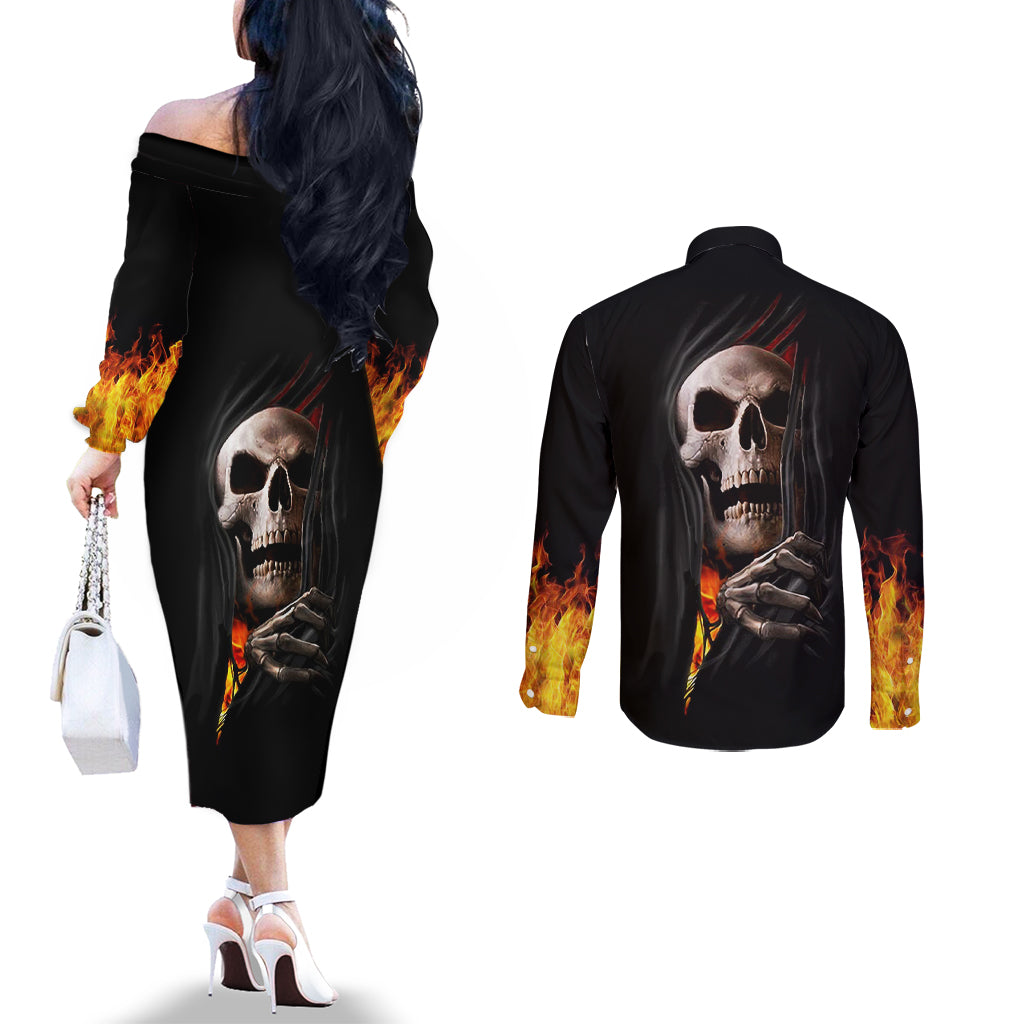 skull-couples-matching-off-the-shoulder-long-sleeve-dress-and-long-sleeve-button-shirts-skeleton-ripped-inside-flame