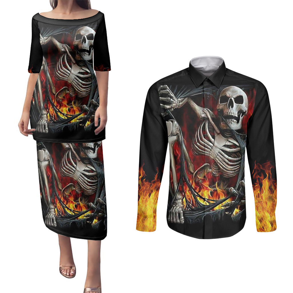 skull-couples-matching-puletasi-dress-and-long-sleeve-button-shirts-skeleton-ripped-inside-flame