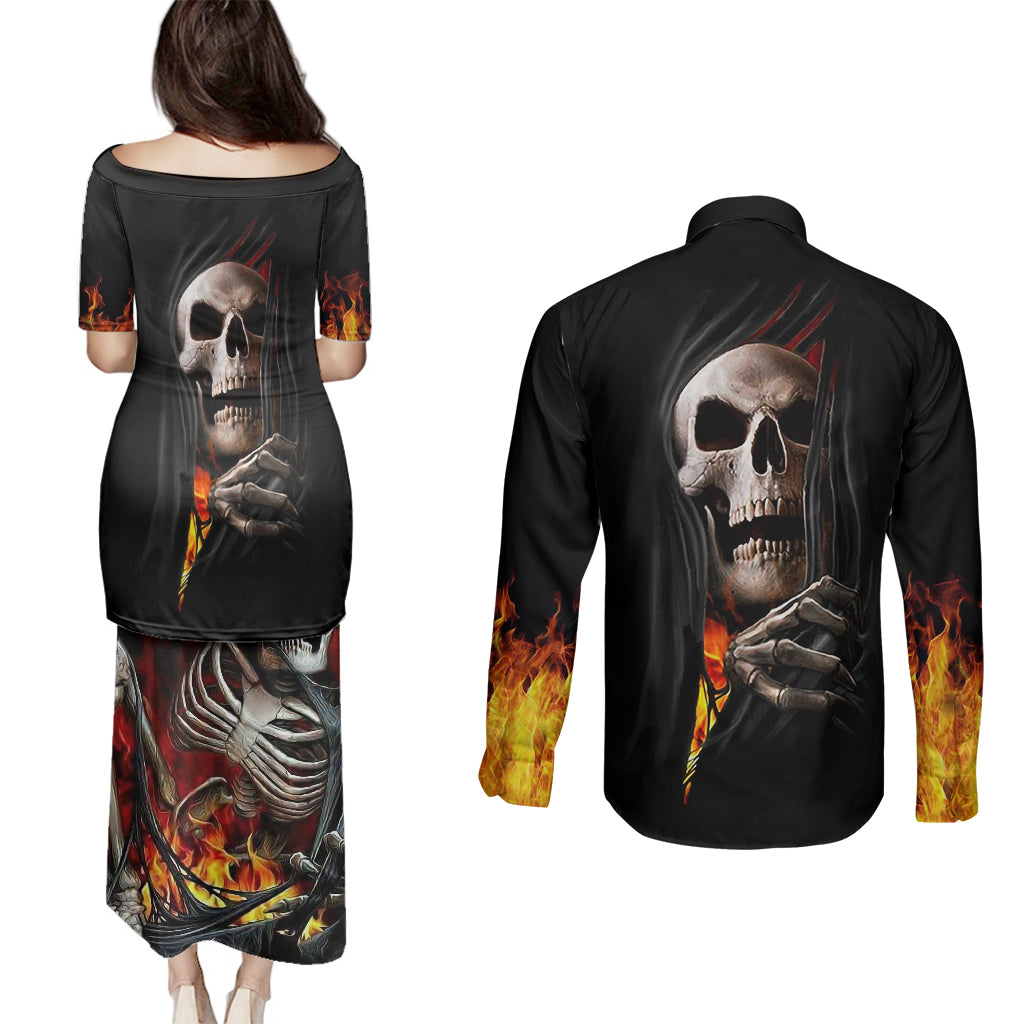 skull-couples-matching-puletasi-dress-and-long-sleeve-button-shirts-skeleton-ripped-inside-flame