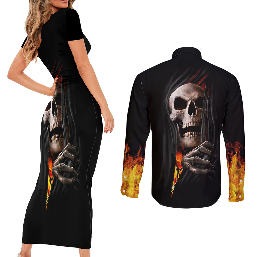 skull-couples-matching-short-sleeve-bodycon-dress-and-long-sleeve-button-shirts-skeleton-ripped-inside-flame