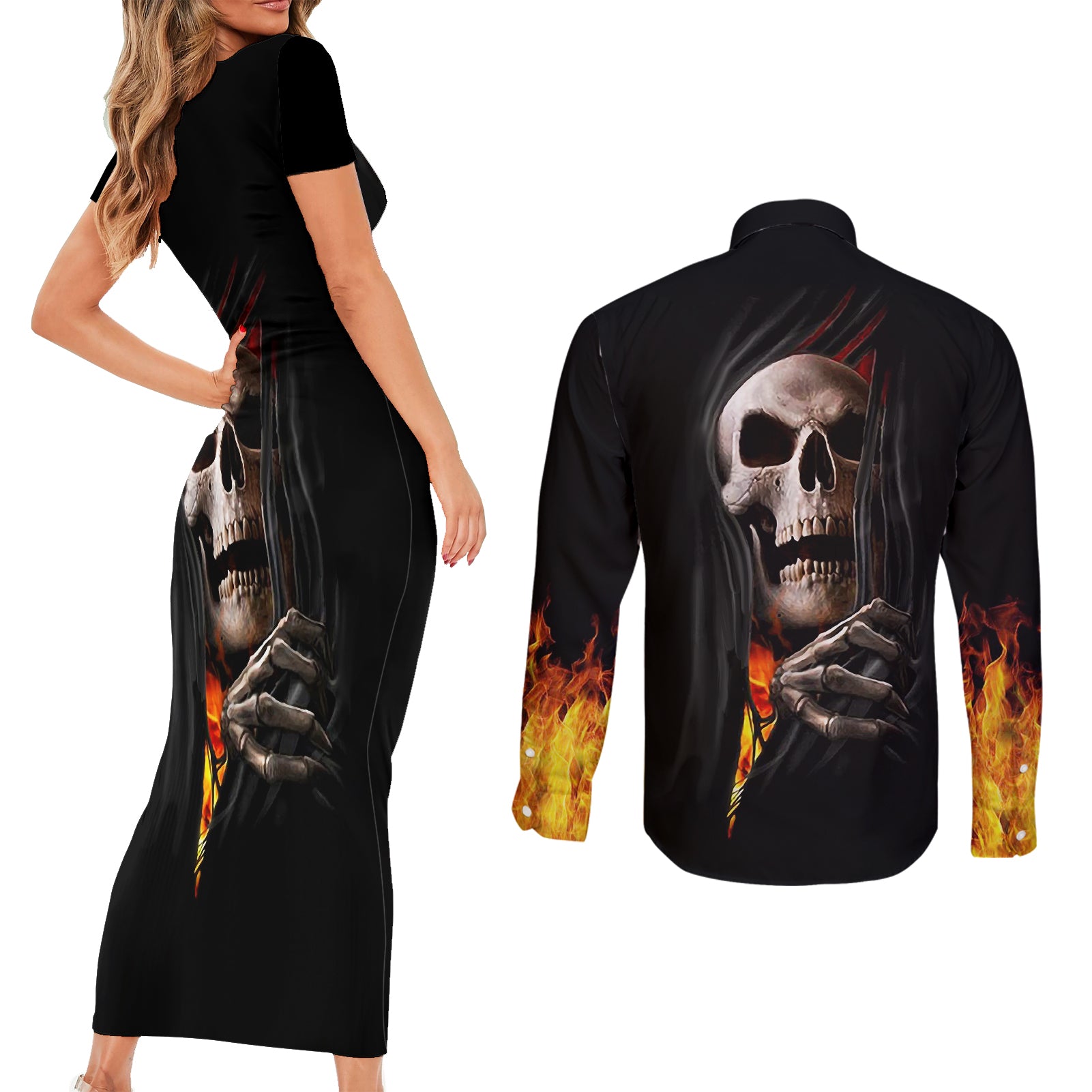 skull-couples-matching-short-sleeve-bodycon-dress-and-long-sleeve-button-shirts-skeleton-ripped-inside-flame