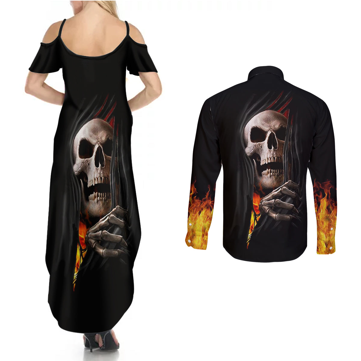 skull-couples-matching-summer-maxi-dress-and-long-sleeve-button-shirts-skeleton-ripped-inside-flame