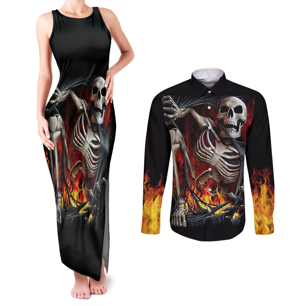 skull-couples-matching-tank-maxi-dress-and-long-sleeve-button-shirts-skeleton-ripped-inside-flame