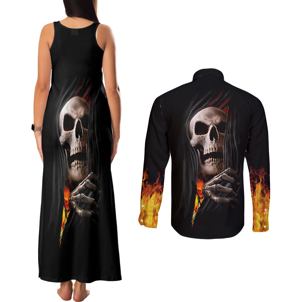 skull-couples-matching-tank-maxi-dress-and-long-sleeve-button-shirts-skeleton-ripped-inside-flame