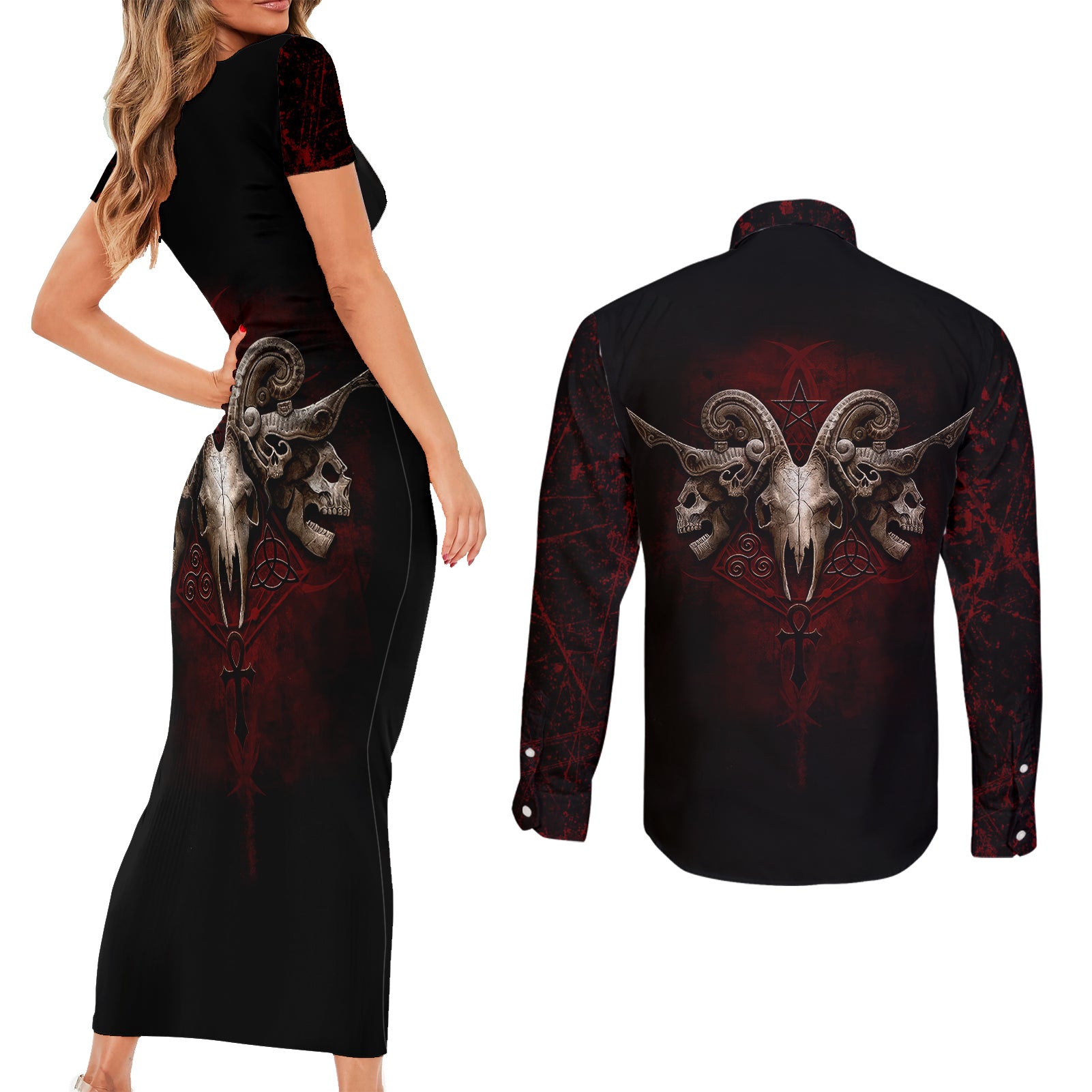 skull-couples-matching-short-sleeve-bodycon-dress-and-long-sleeve-button-shirts-boy-band-queen