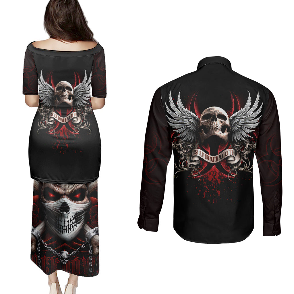 skull-couples-matching-puletasi-dress-and-long-sleeve-button-shirts-blood-skull-survivor