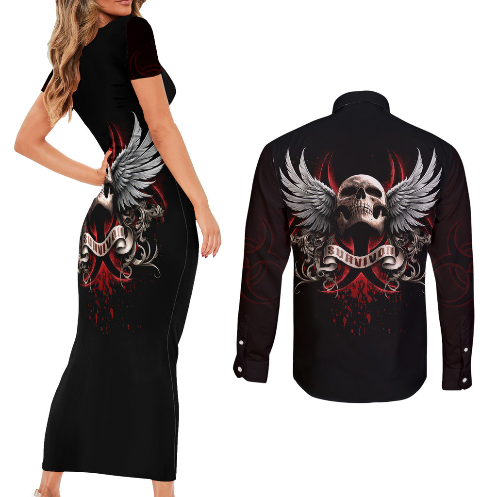 skull-couples-matching-short-sleeve-bodycon-dress-and-long-sleeve-button-shirts-blood-skull-survivor