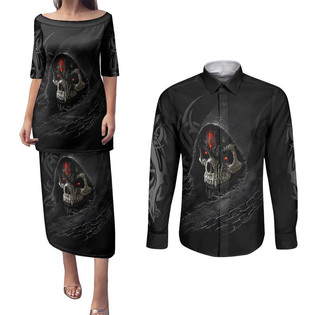 skull-couples-matching-puletasi-dress-and-long-sleeve-button-shirts-black-reaper