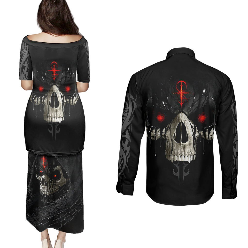 skull-couples-matching-puletasi-dress-and-long-sleeve-button-shirts-black-reaper