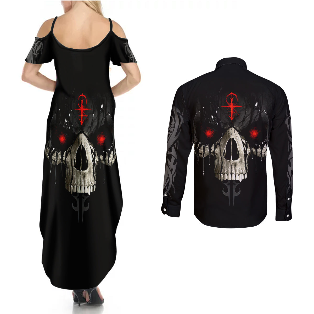 skull-couples-matching-summer-maxi-dress-and-long-sleeve-button-shirts-black-reaper