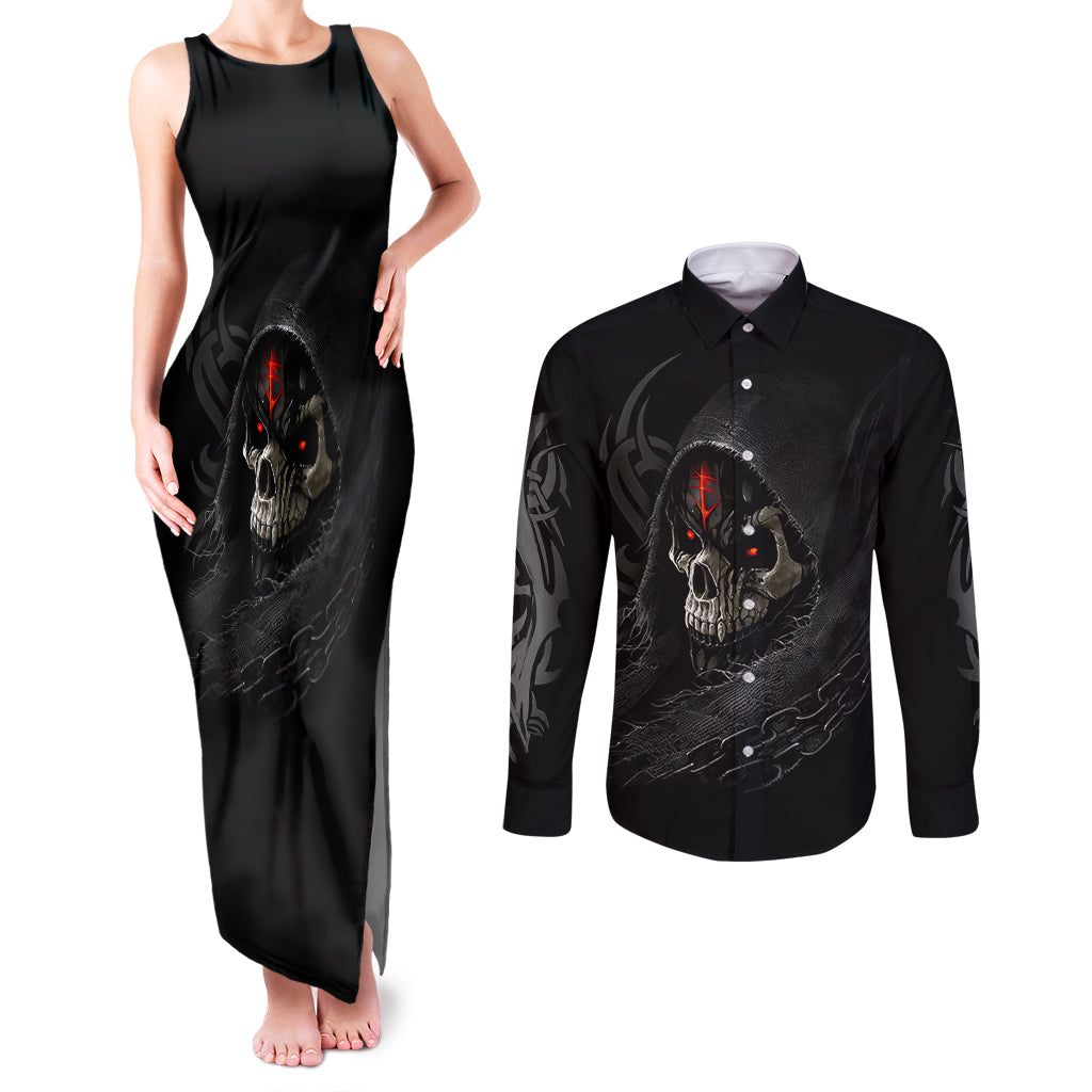 skull-couples-matching-tank-maxi-dress-and-long-sleeve-button-shirts-black-reaper