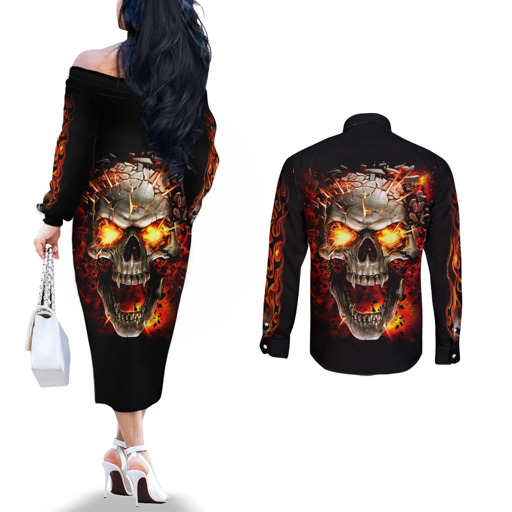 skull-couples-matching-off-the-shoulder-long-sleeve-dress-and-long-sleeve-button-shirts-fire-skull-tattoo-scream