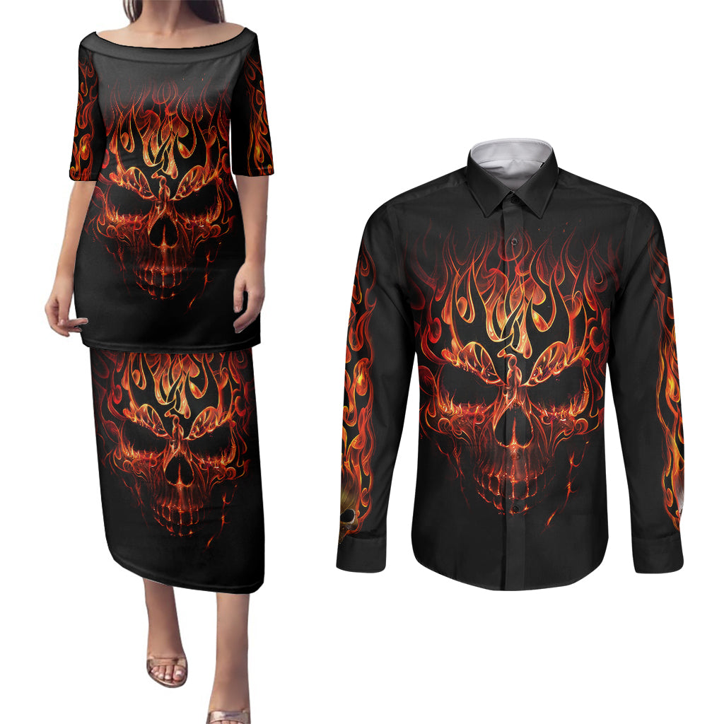 skull-couples-matching-puletasi-dress-and-long-sleeve-button-shirts-fire-skull-tattoo-scream