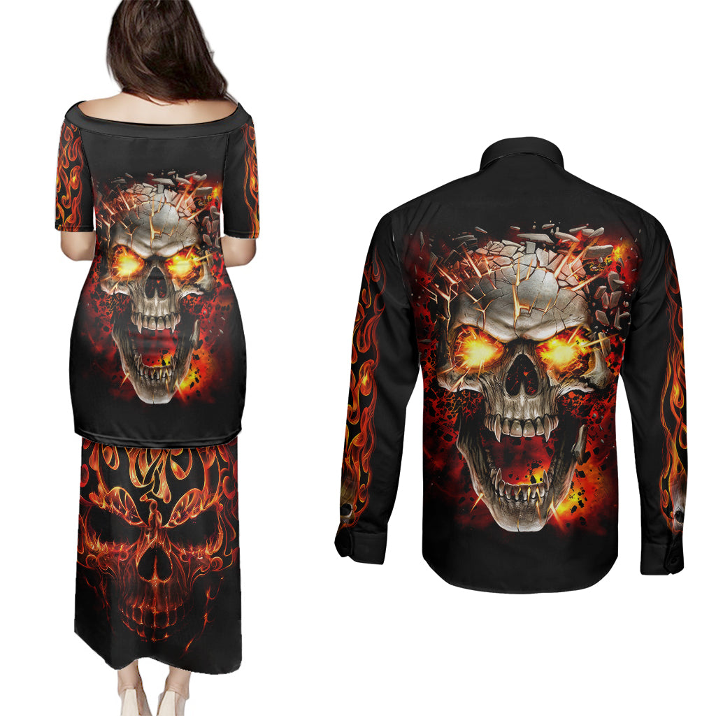 skull-couples-matching-puletasi-dress-and-long-sleeve-button-shirts-fire-skull-tattoo-scream