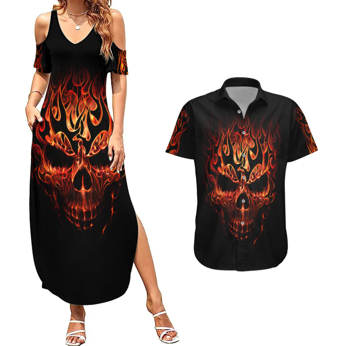 skull-couples-matching-summer-maxi-dress-and-hawaiian-shirt-fire-skull-tattoo-scream