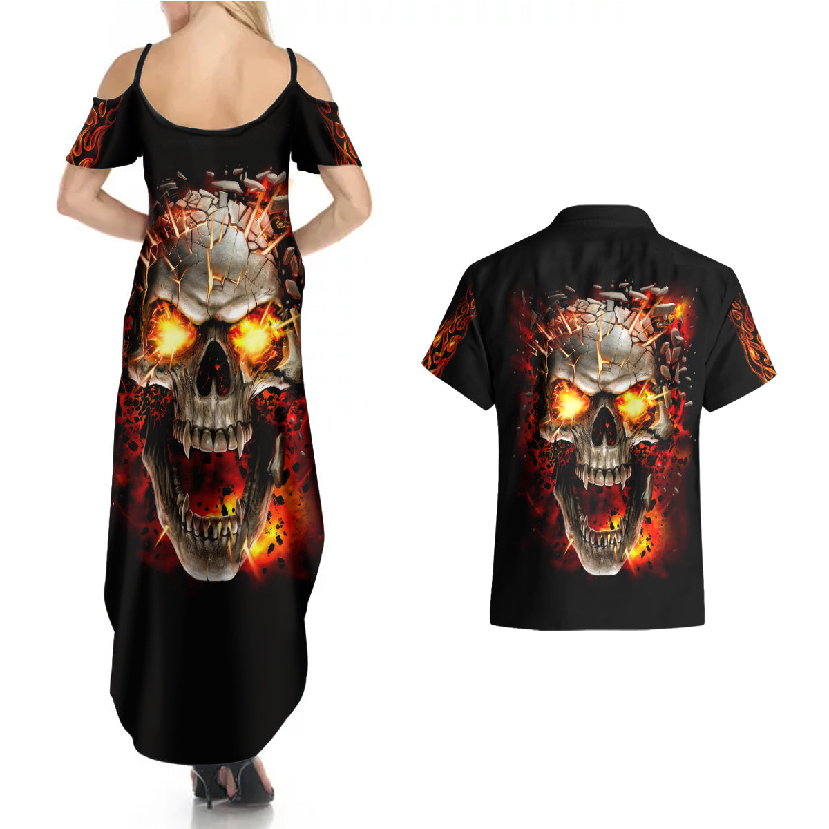 skull-couples-matching-summer-maxi-dress-and-hawaiian-shirt-fire-skull-tattoo-scream