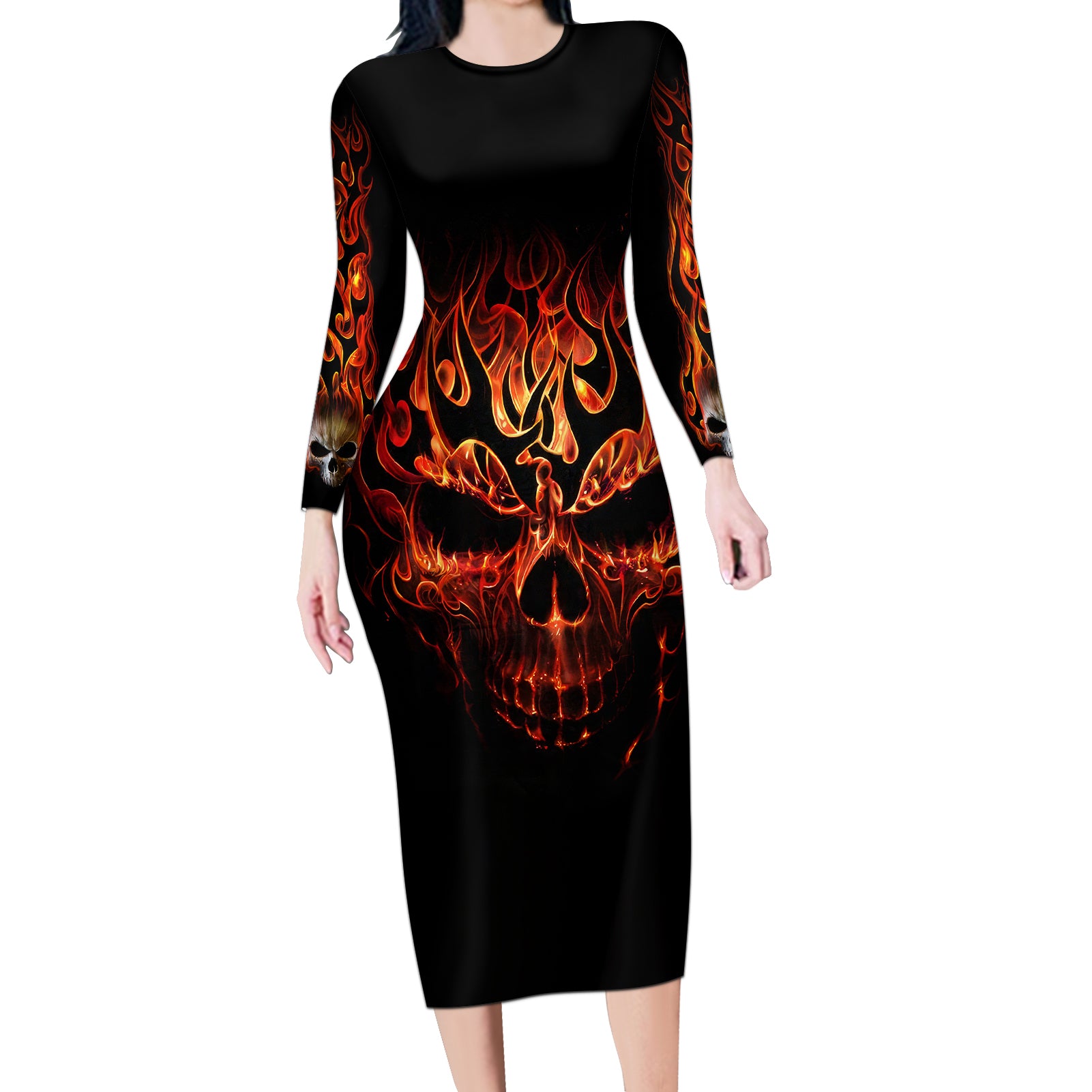 skull-long-sleeve-bodycon-dress-fire-skull-tattoo-scream