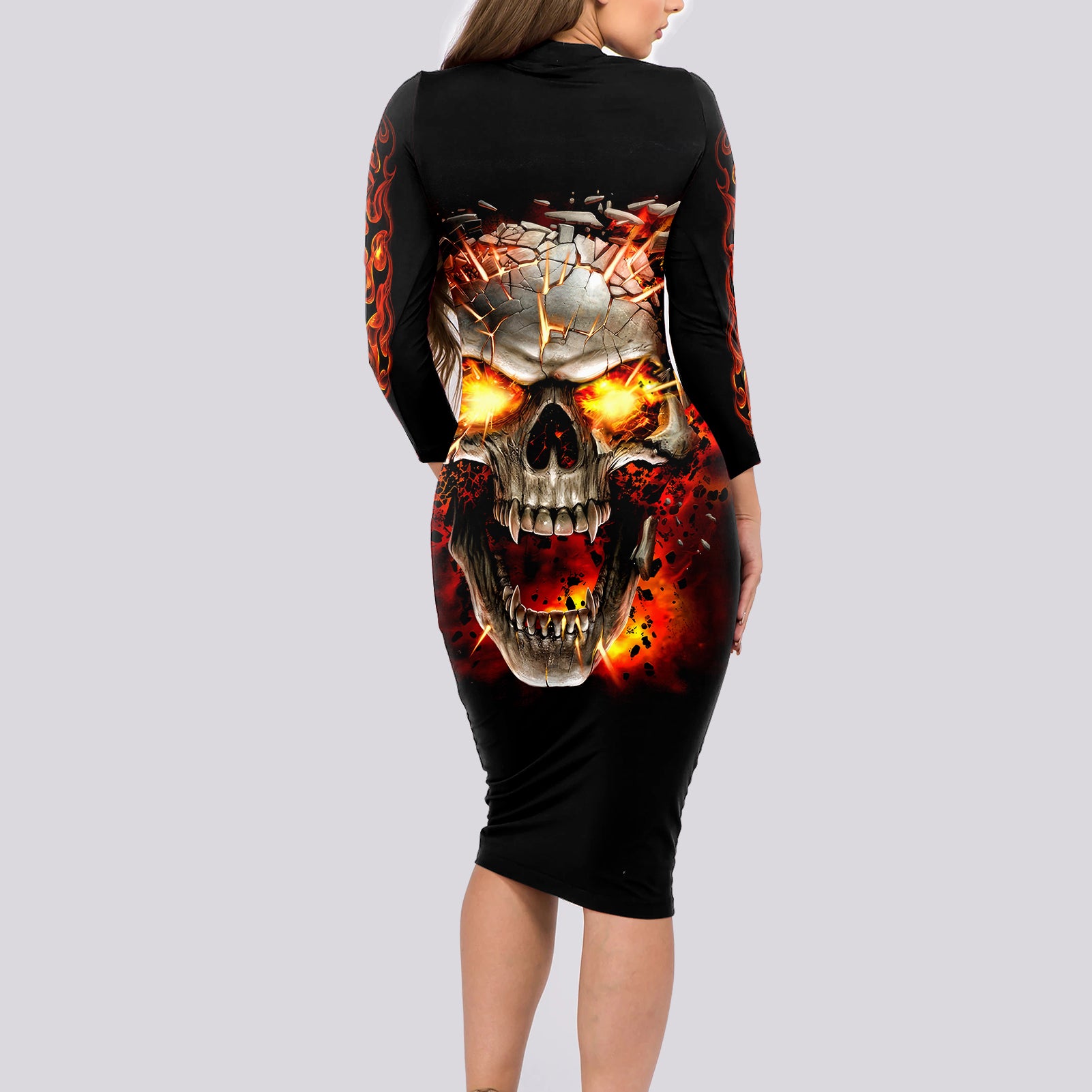 skull-long-sleeve-bodycon-dress-fire-skull-tattoo-scream