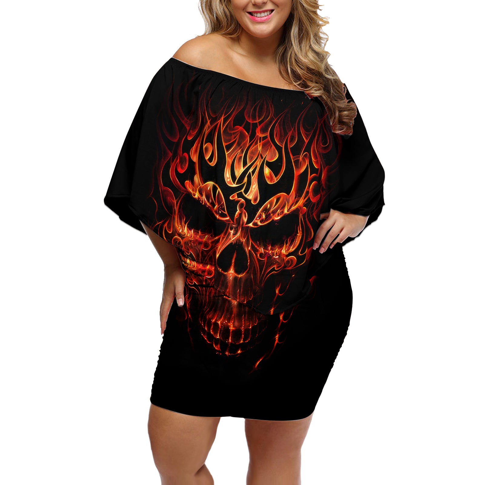 skull-off-shoulder-short-dress-fire-skull-tattoo-scream
