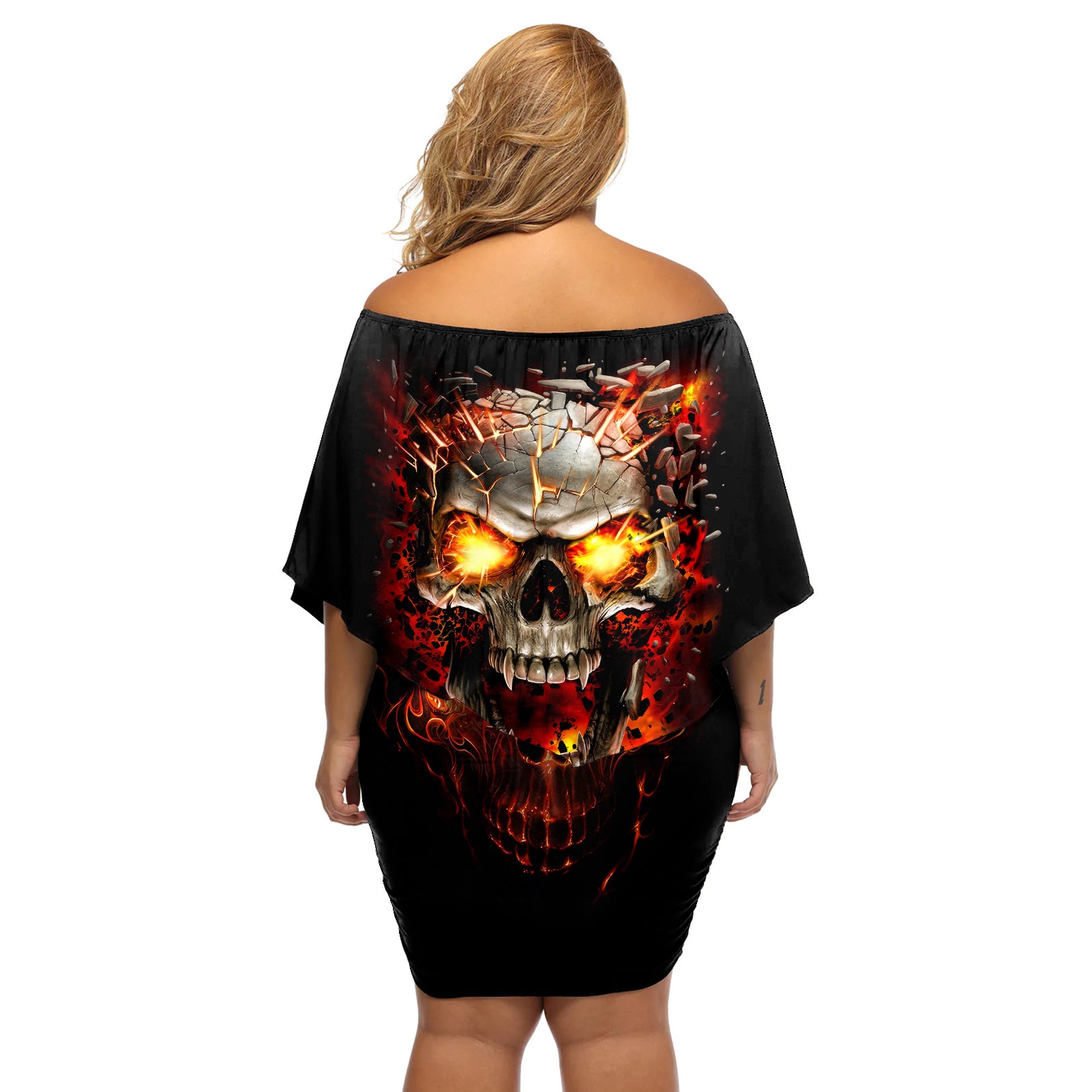 skull-off-shoulder-short-dress-fire-skull-tattoo-scream