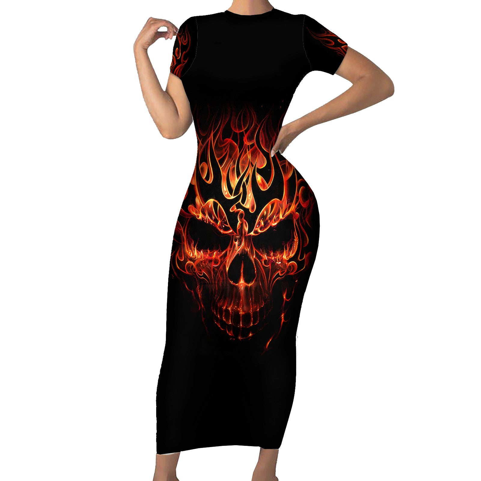 skull-short-sleeve-bodycon-dress-fire-skull-tattoo-scream