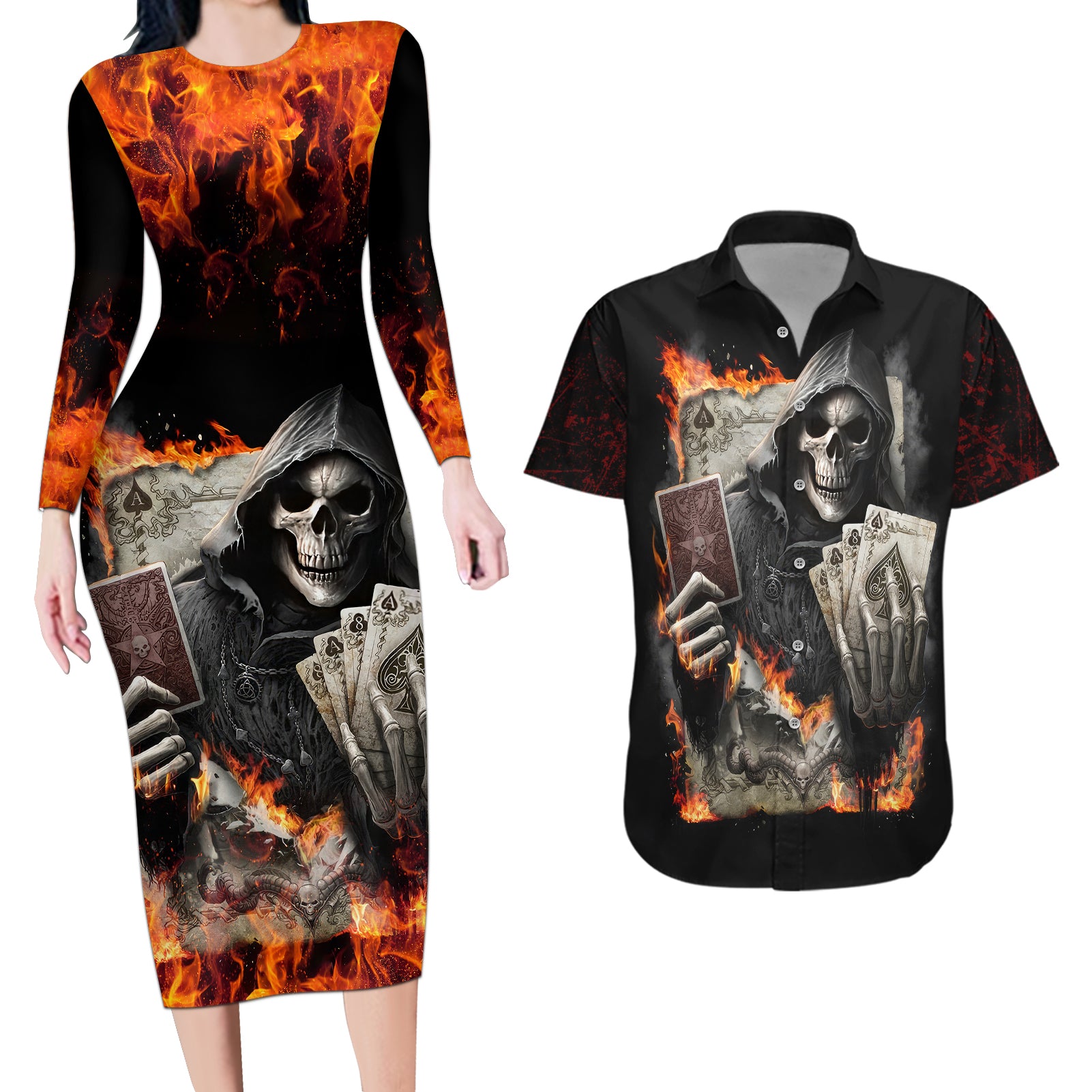 skull-couples-matching-long-sleeve-bodycon-dress-and-hawaiian-shirt-gambling-death-fire